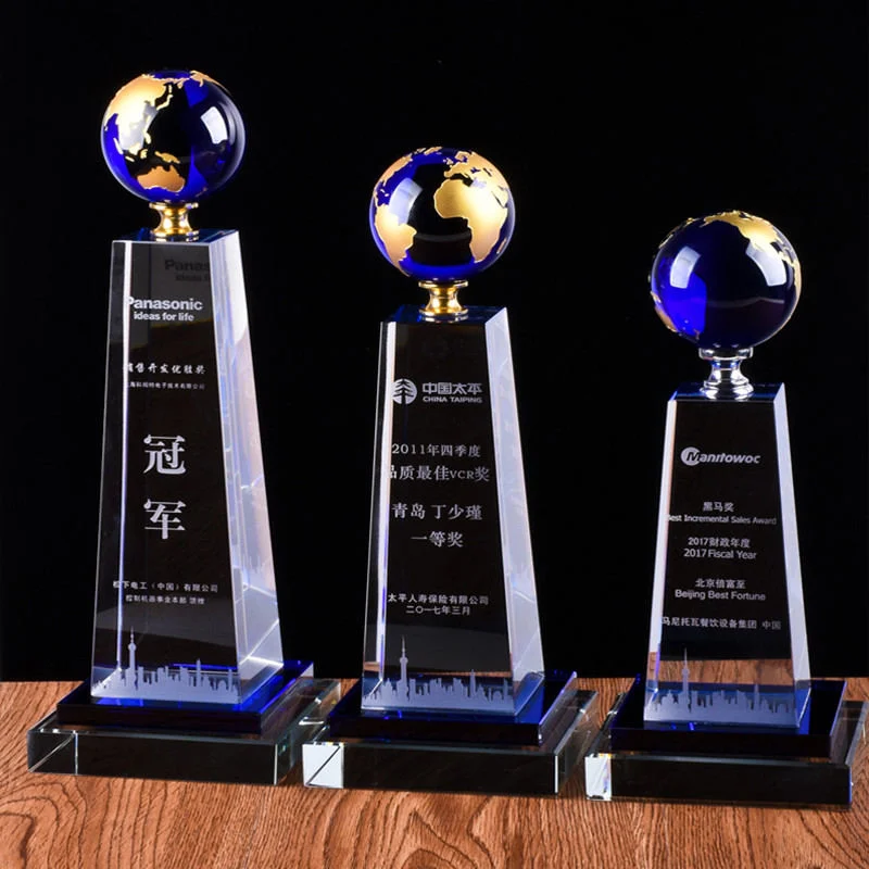  Creative Crystal Blue Globe Ball Staff Award Trophy 