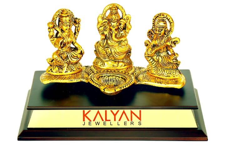  Metal Wooden Base Laxmi Ganesh Saraswati Statue 