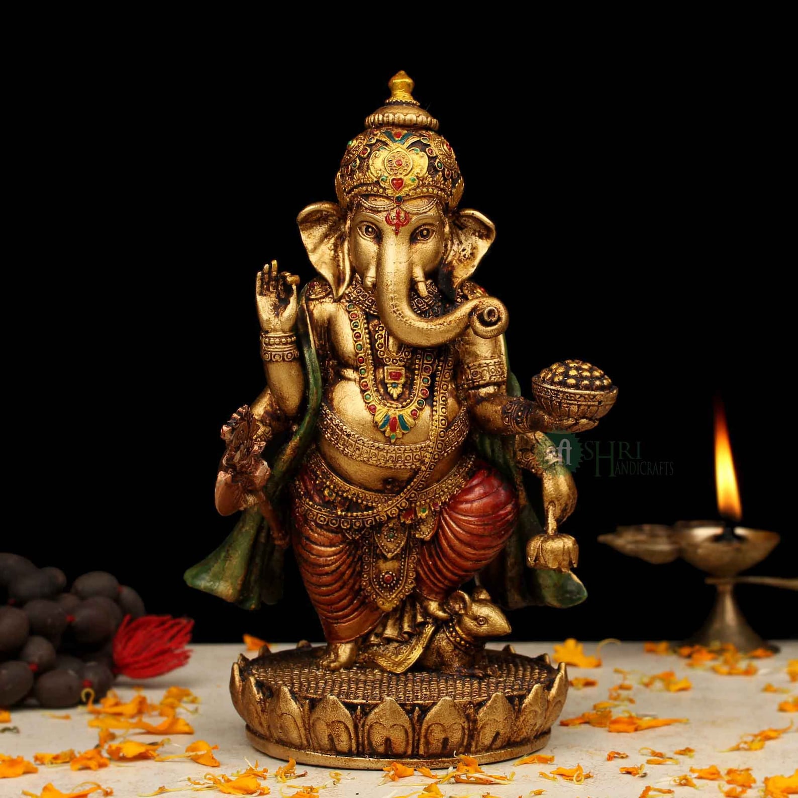  Wooden Brass Laxmi Ganesh Statue 