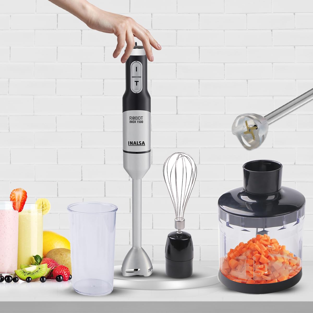  INALSA Hand Blender for Kitchen 1500 Watts|Super Silent DC Motor| Variable Speed & Turbo Function| 600ML Chopper& Multipurpose Jar 