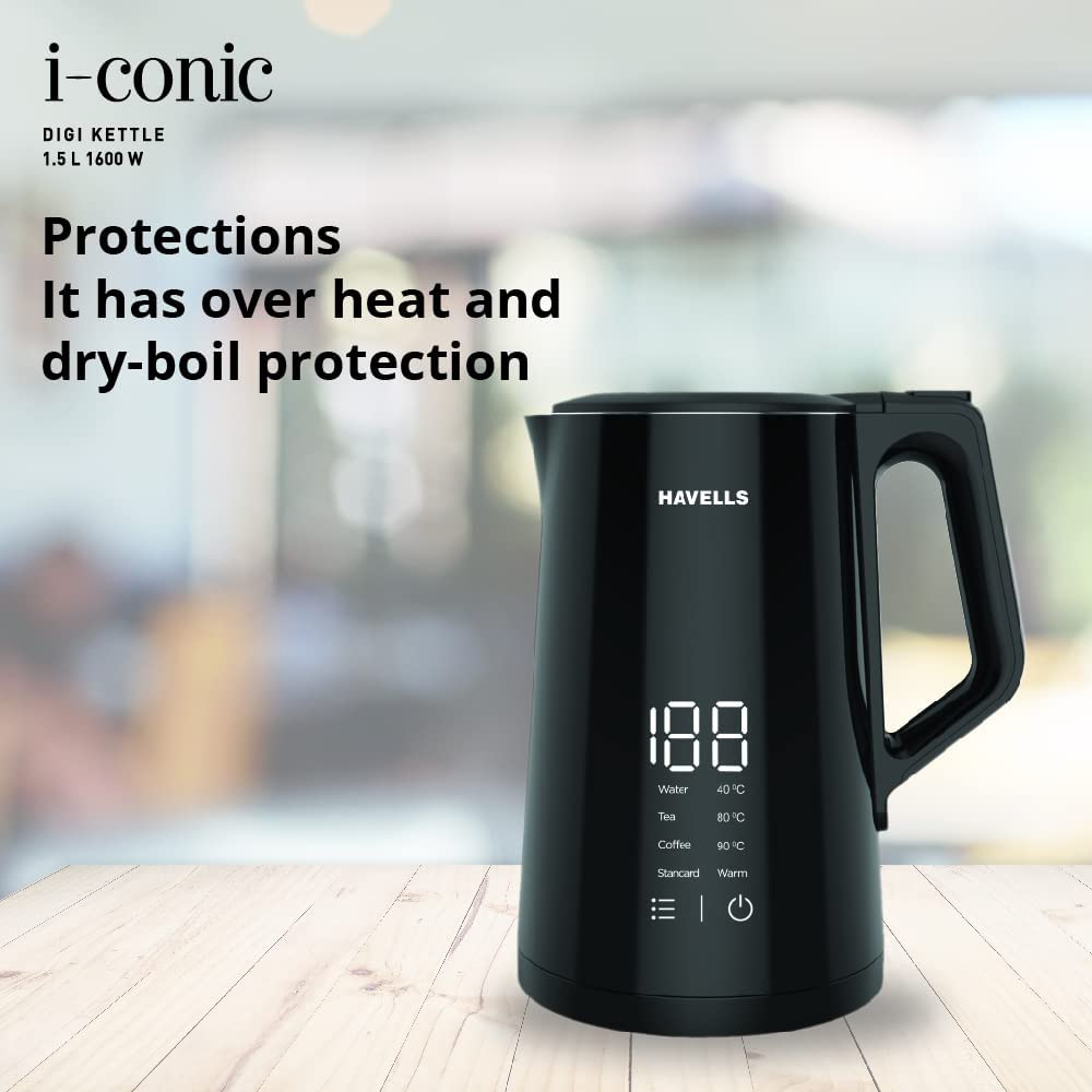  Havells I-Conic 1.5 Litre Digi Kettle with double wall and 304 stainless steel tank (Black) 