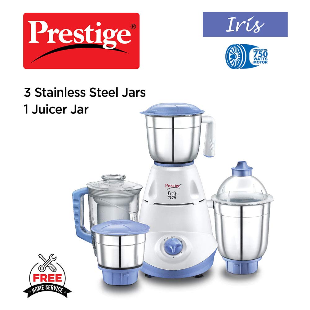  Prestige Iris 750 Watt Mixer Grinder with 3 Stainless Steel Jar + 1 Juicer Jar 