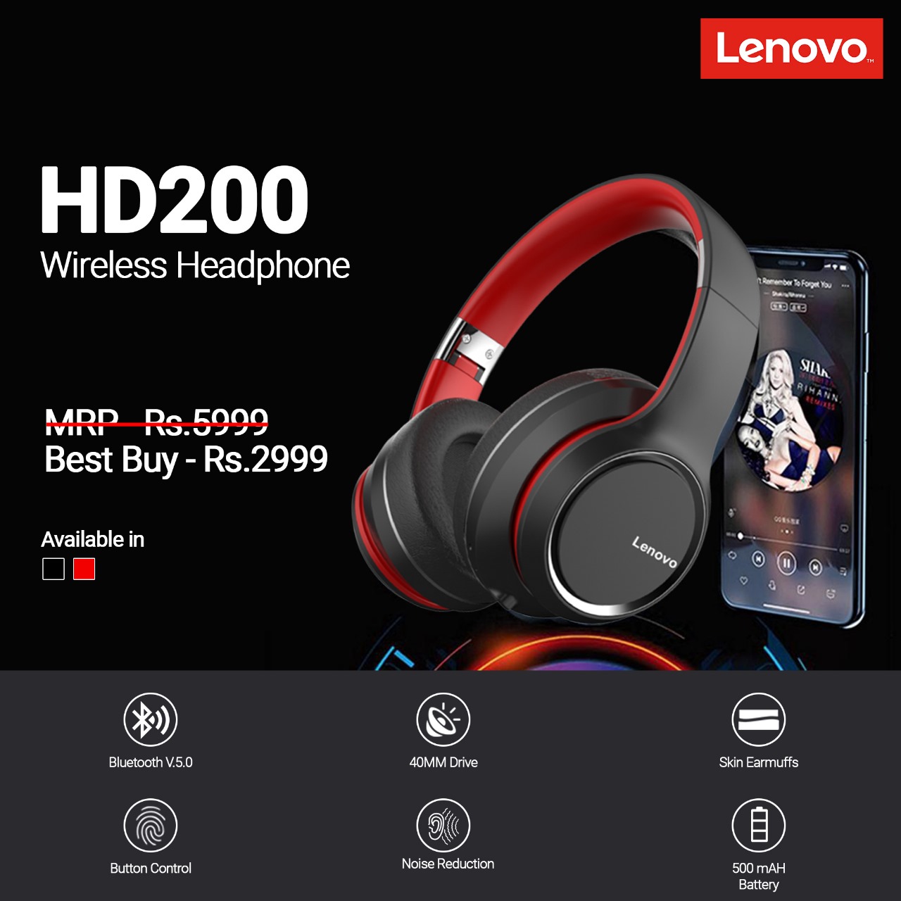  Lenovo HD200 Bluetooth Headphones with Microphone 