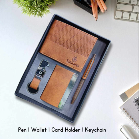  4 in 1 Combo Set of Wallet Metal Pen Key Chain and Card Holder of Brown Colour 