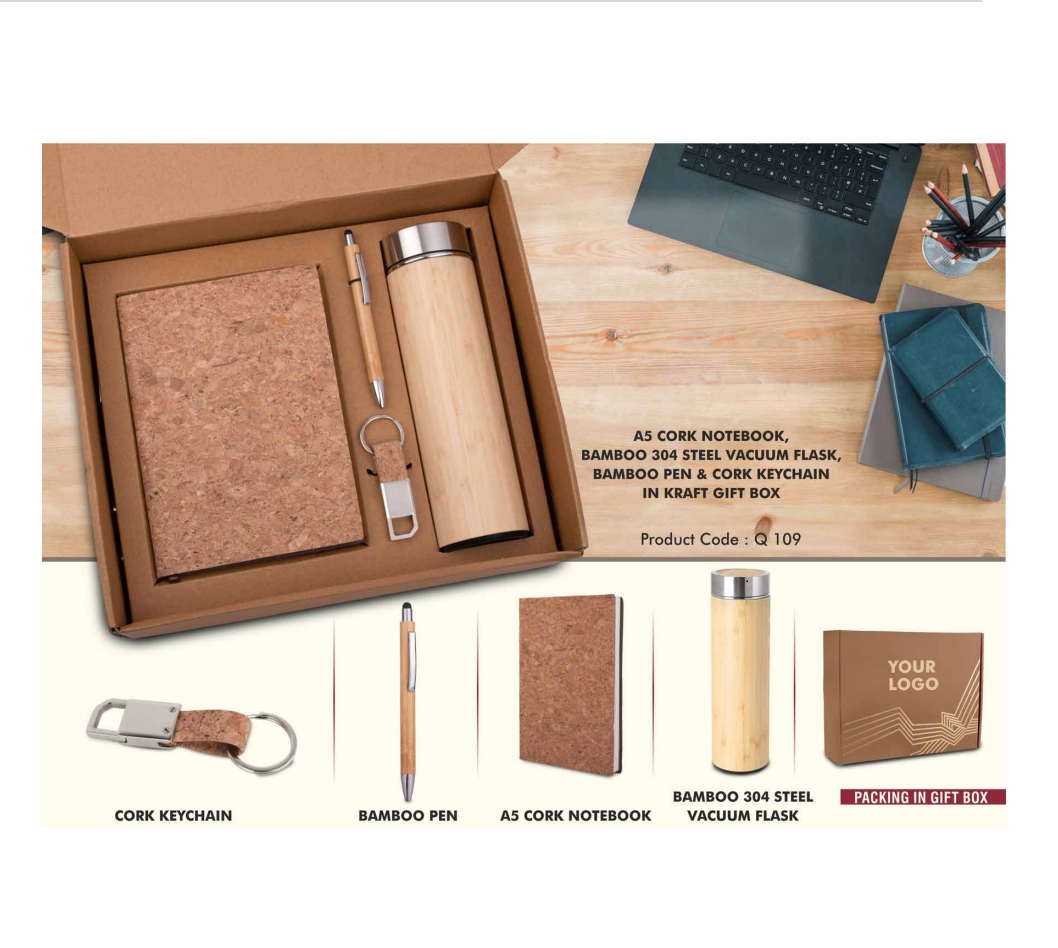  Eco Friendly Welcome kit Bamboo bottle & Pen, Corck key chain and diary  