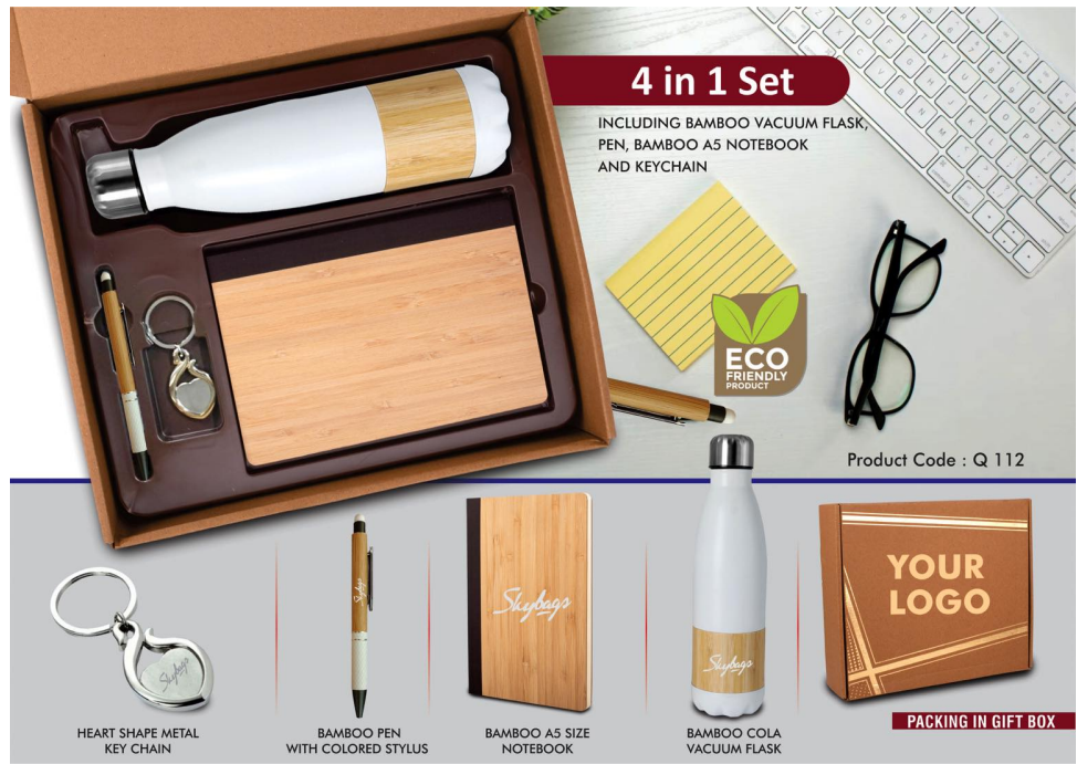  4 In 1 Joining Kit with Bamboo Flask, premium pen, keychain and notebook  