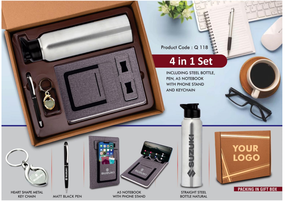  4 in 1 welcome kit Steel bottle, A5 notebook with mobile stand, Steel pen and keychain  