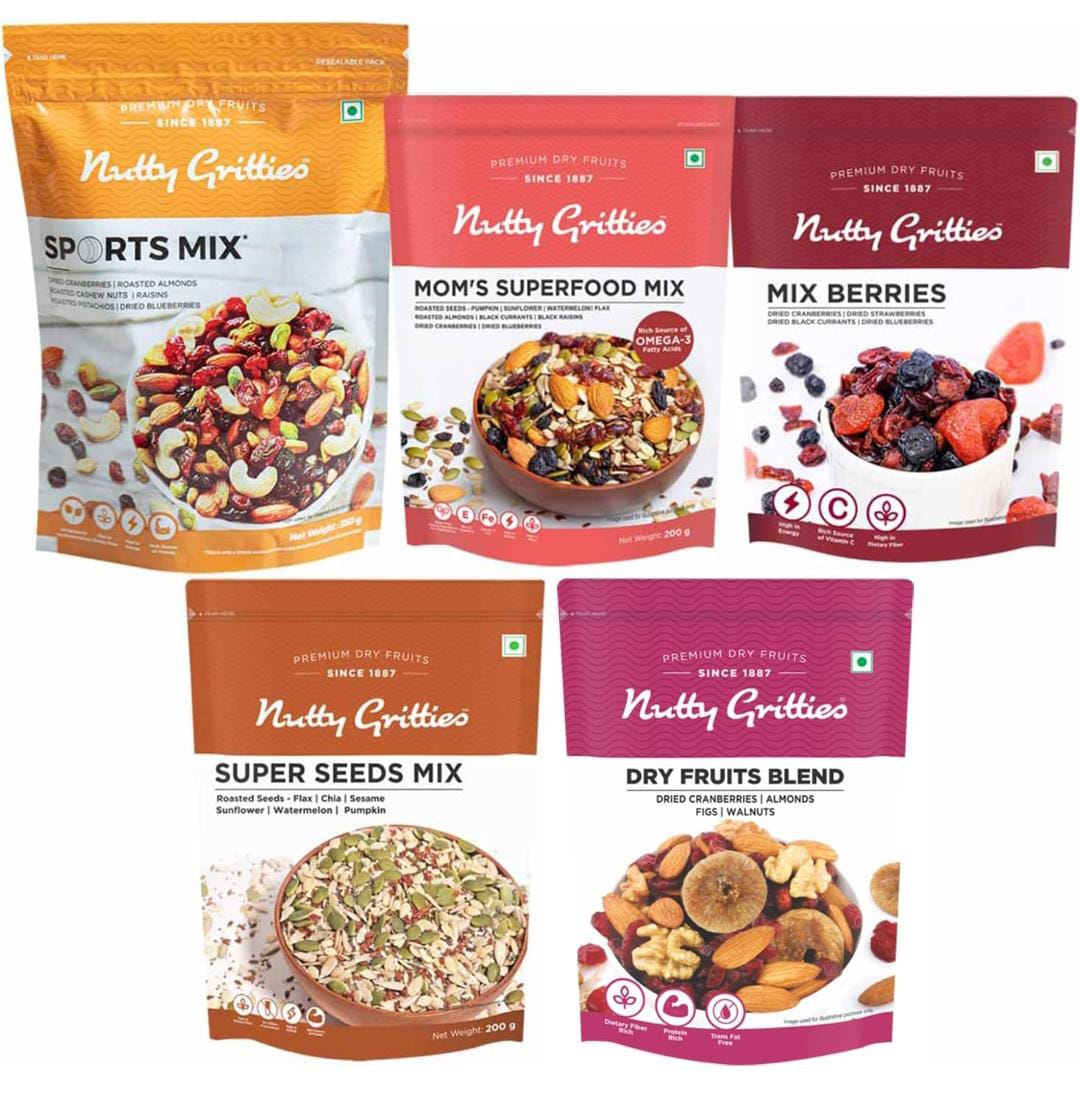  Pack Of 5 Nutty Gritties Dry Fruit and Seeds Mix Combo Gift 