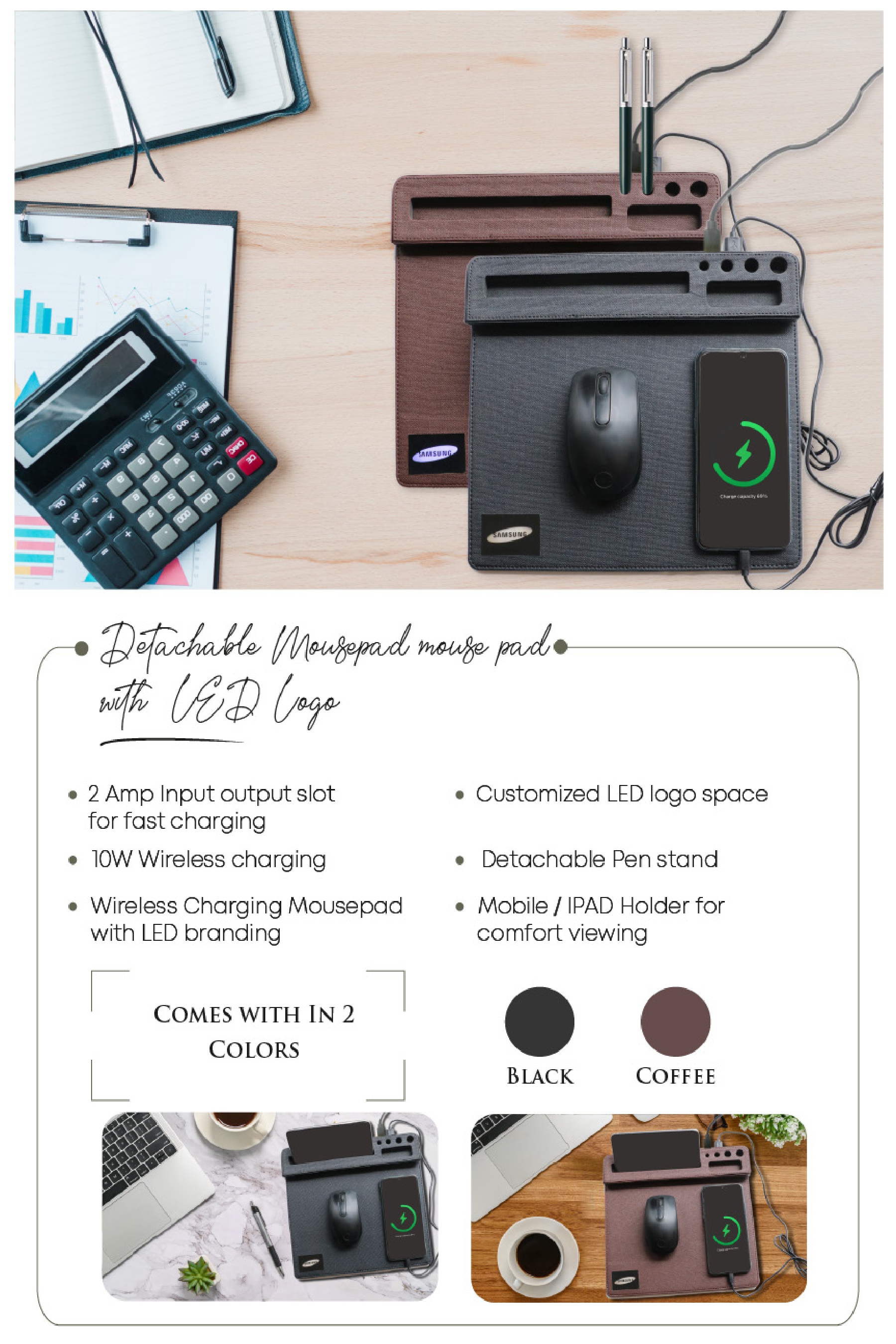  Wireless Charging Logo mousepad with LED branding colour black & coffee 