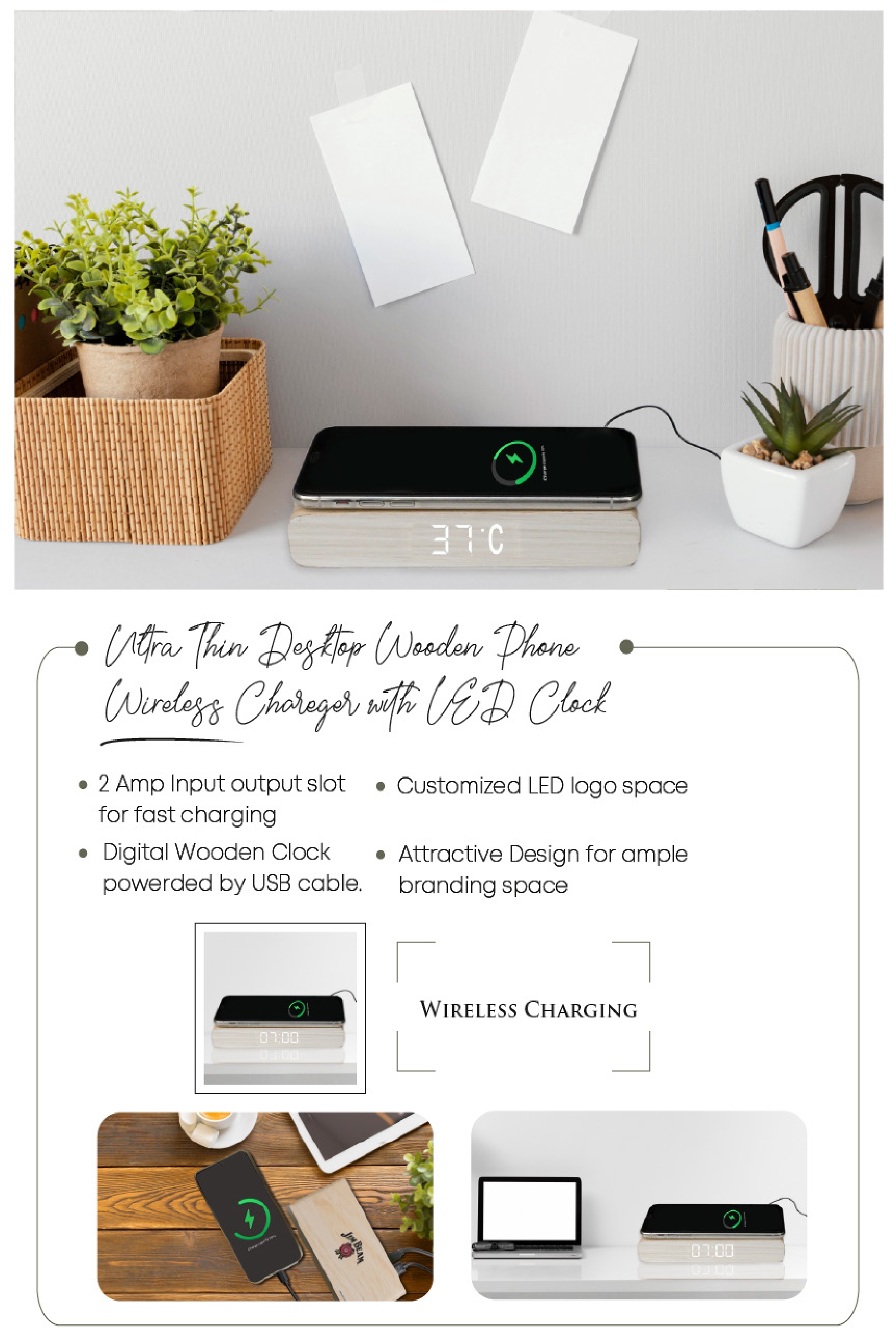  Ultra Thin Desktop Wooden phone wireless charger with LED clock  