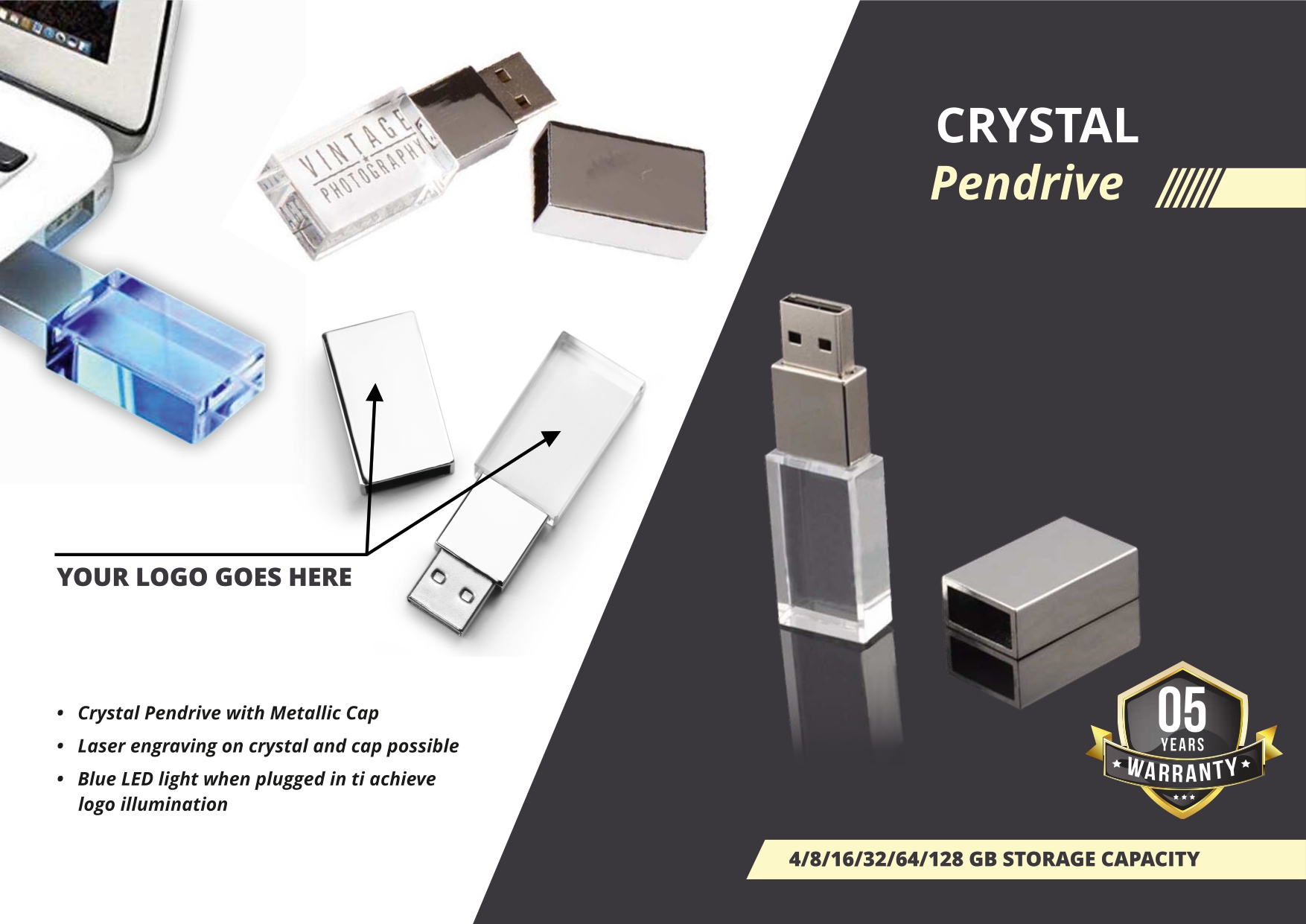  Crystal LED light pen drive with metallic cap  