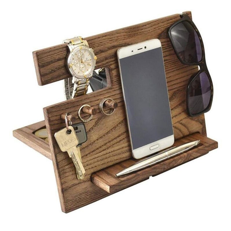  Personalized wood phone docking station with key holder wathch and wallet stand 