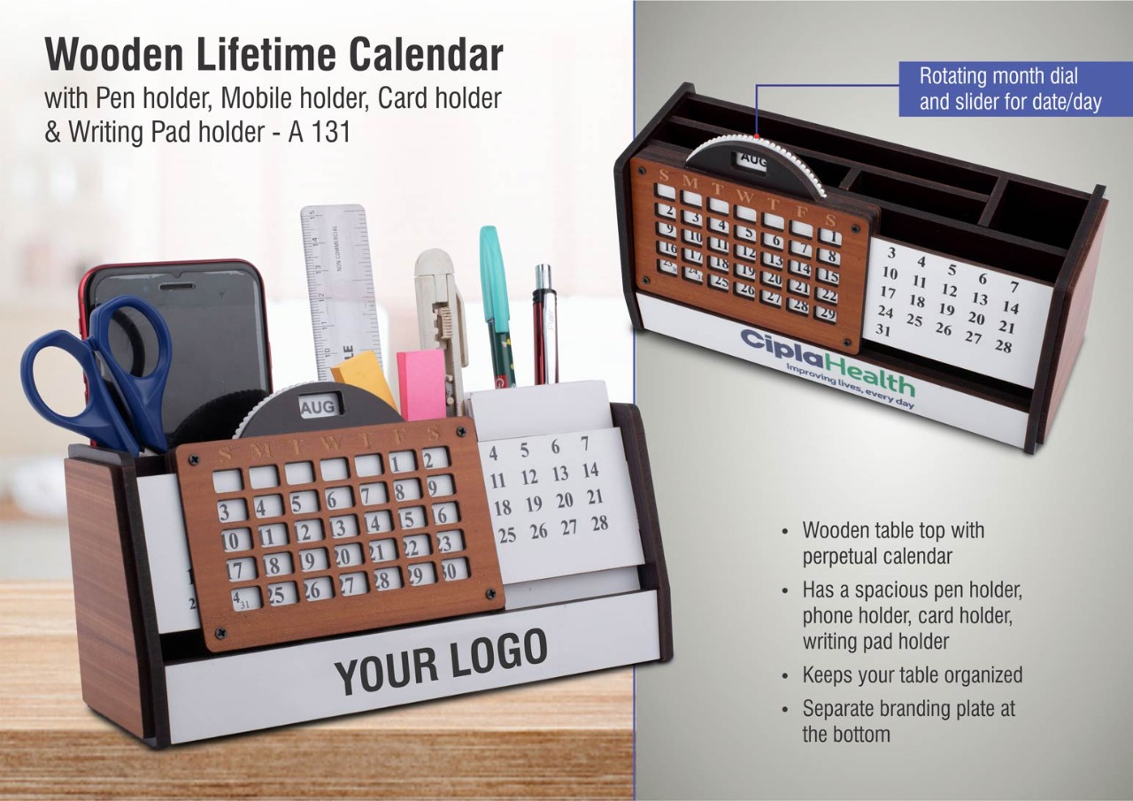  Table top perpetual calender with pen holder phone holder card holder writing pen holder 