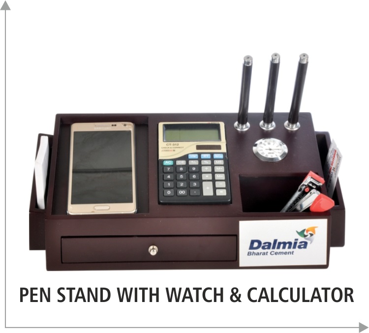  Promotion item wooden base made pen stand with watch & Calculator 