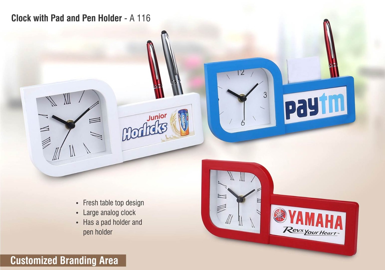  Customized Table Top Clock with Pad and Pen Holder 