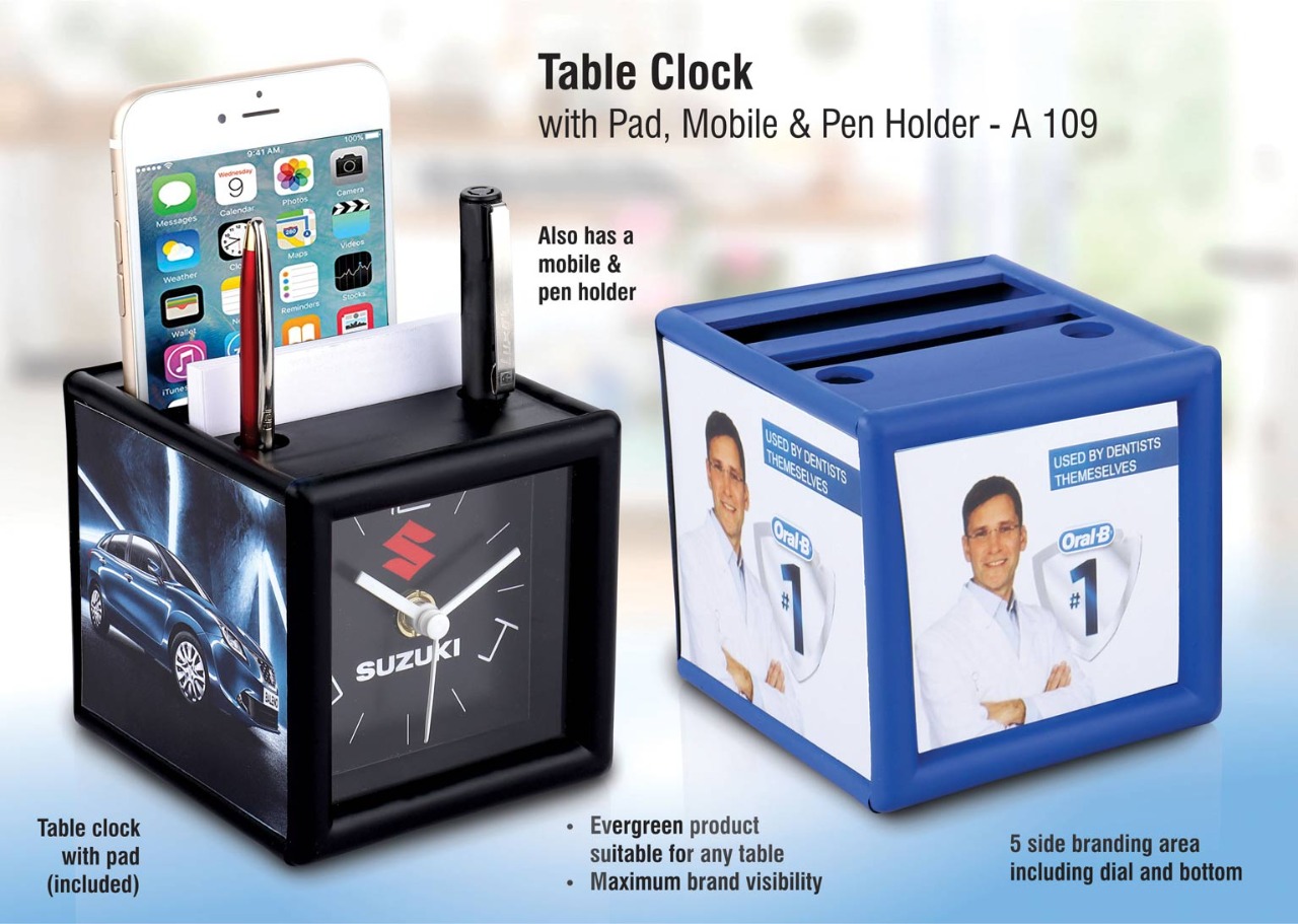  Plastic Table Clock with Pad , Mobile , Pen Holder 