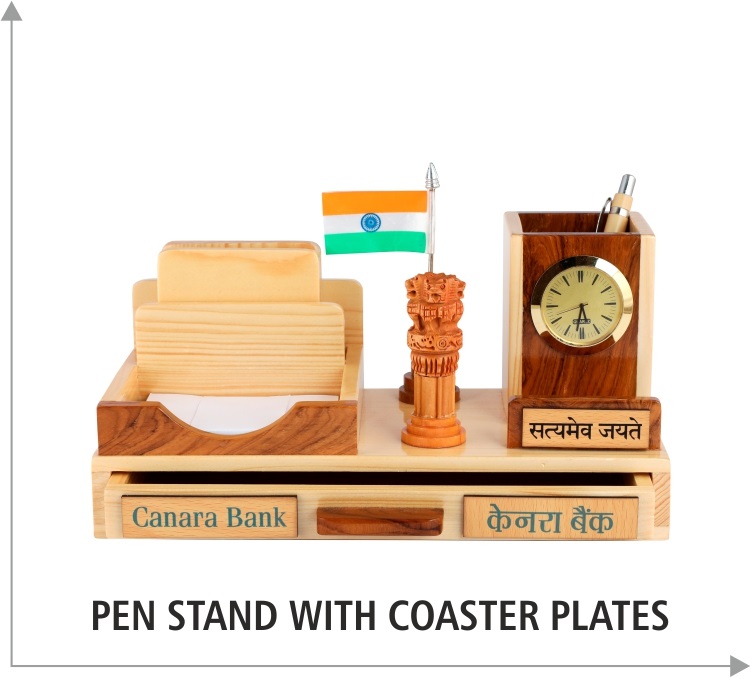  Custom made Brown Wooden Pen Stand with Coaster Plates 