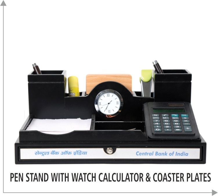  Wooden Promotional Pen stand with watch calculator and coaster plates  