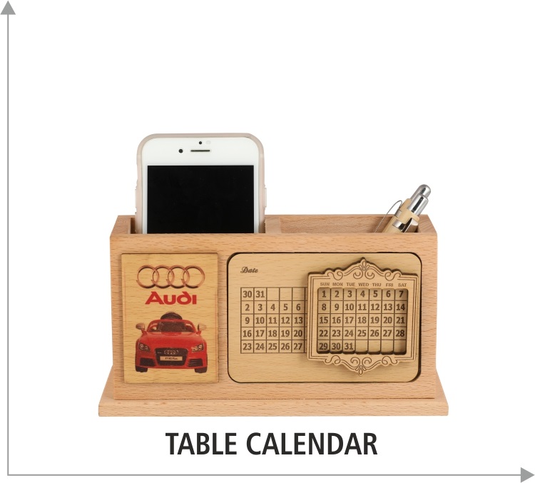  Multipurpose Wooden Lifetime Calender with mobile and pen holder 