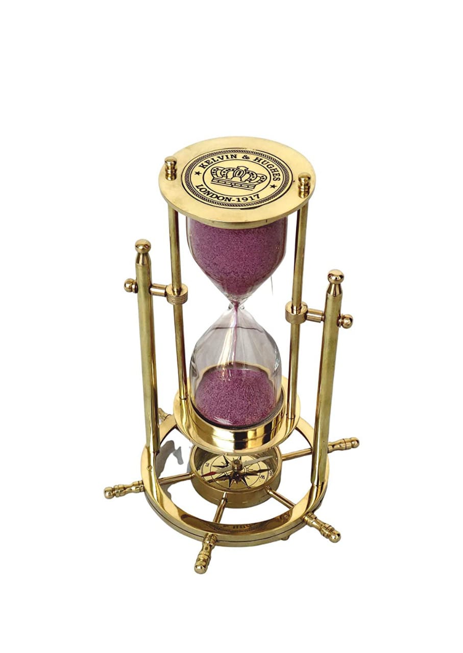  Brass Sand Timer Wheel base with Navigational Compass 