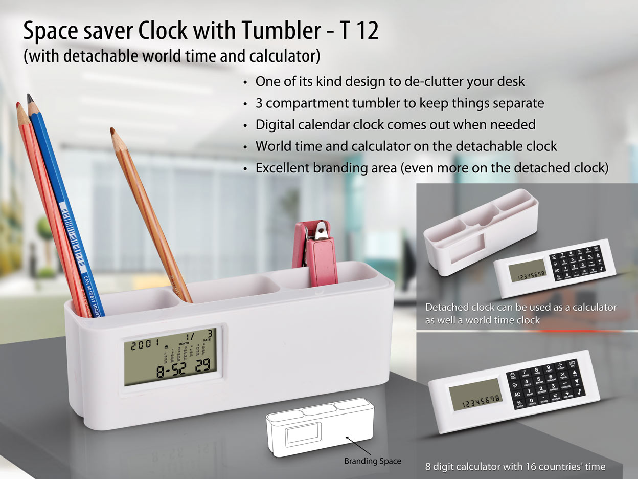  Digital Space Saver Clock Timer with Tumbler Detachable World time & Calculator 