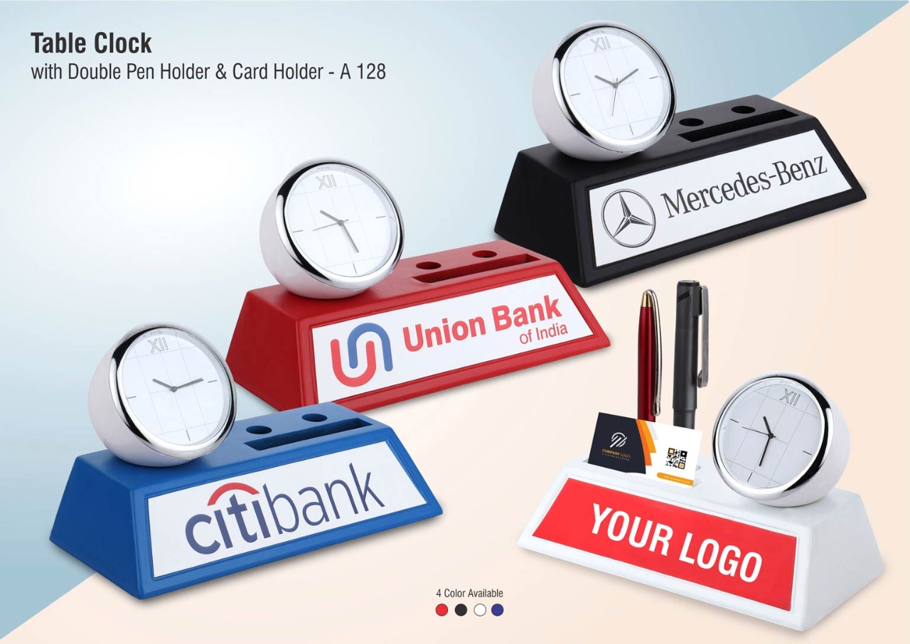  Plastic Promotional Table Clock With Double pen holder & card holder 