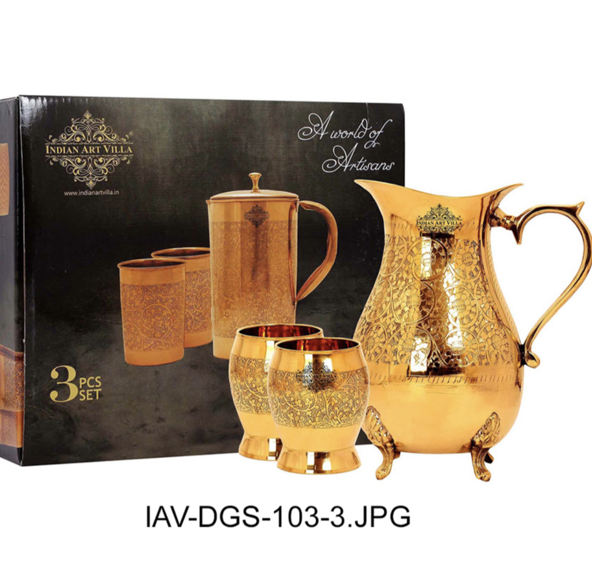  Gift Set of Handmade Design Brass Jug With 2 Glass,Beautiful Jug Glass Set  (Brass) 