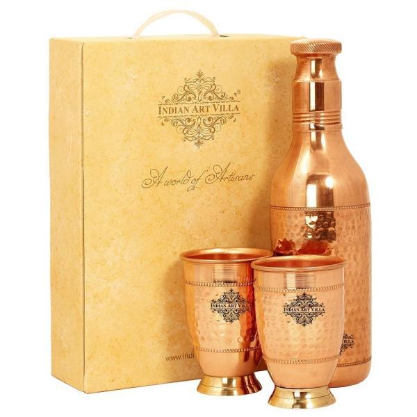  Set of Pure Copper Hammered Leak Proof Cocktail Water Bottle & Two Glasses with Brass Bottom with a Gift Box, Drinkware, Glass: 450 ml - 1500ml 