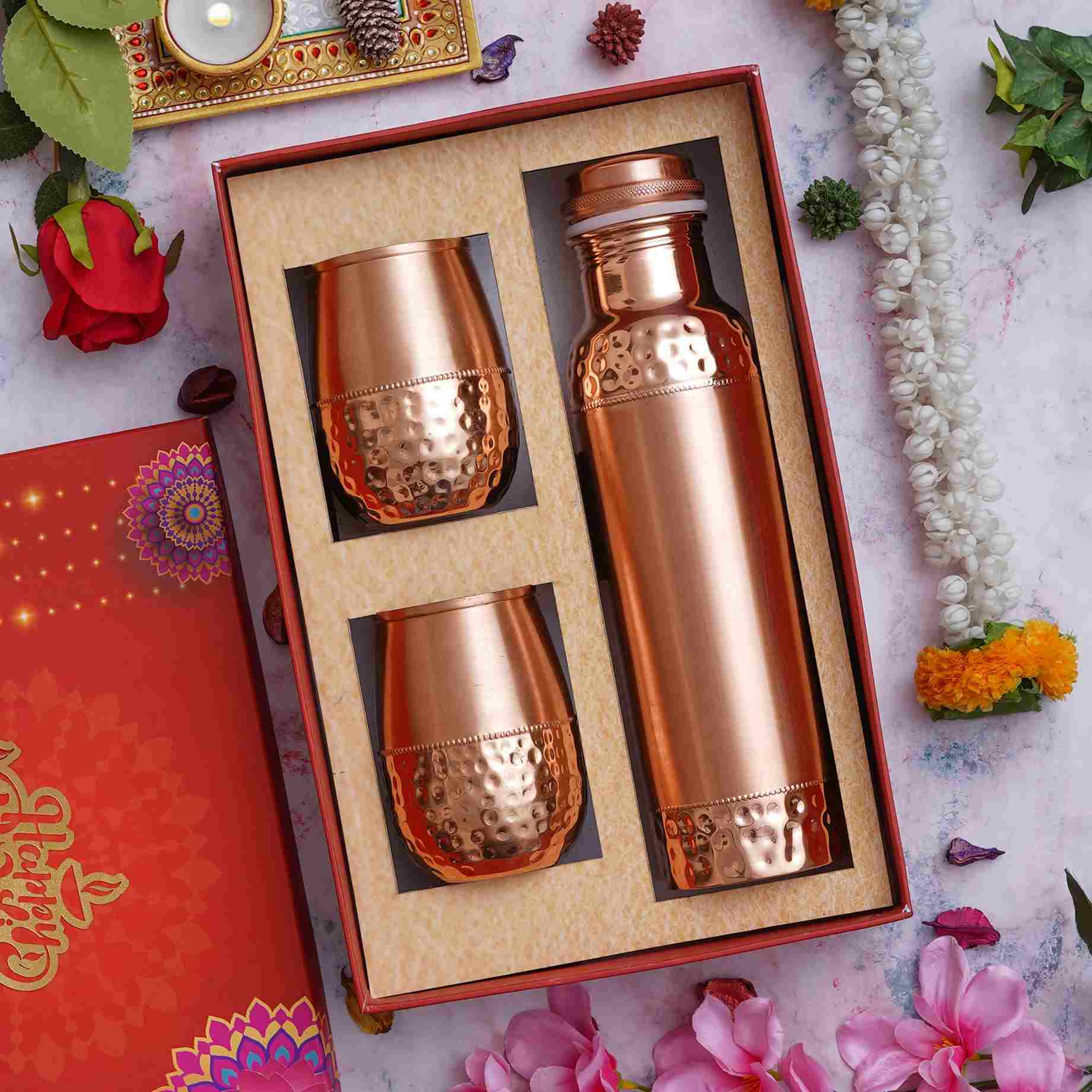  Elegant Copper Water Bottle (1000ML) With 2 Copper Glass,  