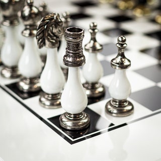 Metal and Wood Chess Pieces with White and Black Chess Board - Large