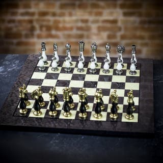Italfama Grey Lacquered Chess Board with Black and White Brass and Wood Pieces - Medium