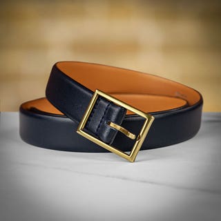 Women's Leather Belt with Solid Brass Buckle - Navy