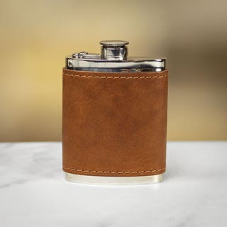 English Tan Leather Captive Top Pewter Hip Flask - 6oz