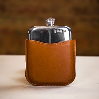 English Pewter Co Pewter Hip Flask with Brown Leather Sleeve - 6oz