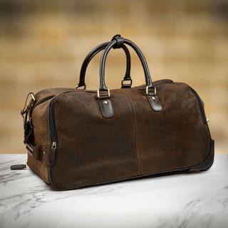 Leather Trolley Holdall with Telescopic Handle - Oily Brown