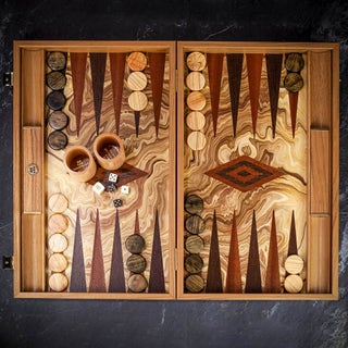 Manopoulos Inlaid Olive Burl Backgammon Set - Tournament