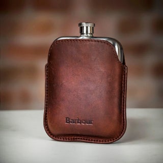 Barbour Hip Flask in Brown Leather Sleeve - 5.5oz