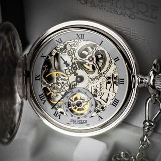 Solid Sterling Silver Double Hunter Skeleton Pocket Watch
