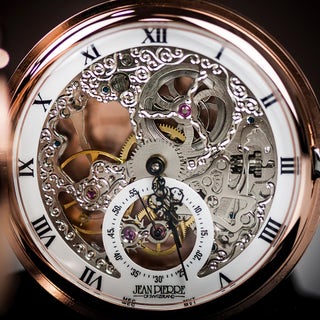 Jean Pierre Double Hunter Skeleton Rose Gold Plated Pocket Watch