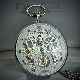Jean Pierre Open Face Skeleton Pocket Watch - Chrome Plated
