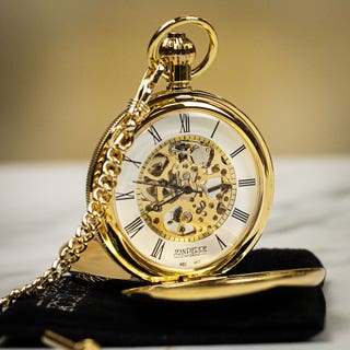 Gold Plated Double Hunter Skeleton Pocket Watch with Rear Window