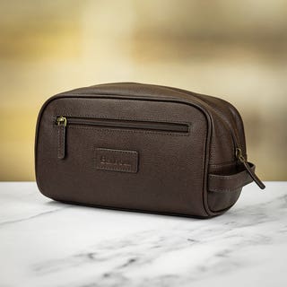 Grained Leather Washbag - Dark Brown