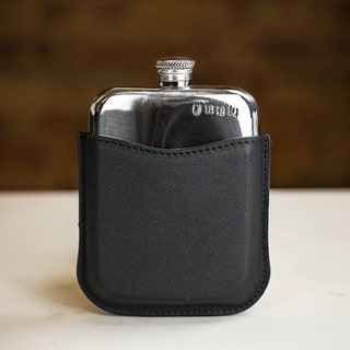English Pewter Co Pewter Hip Flask with Black Leather Sleeve - 6oz