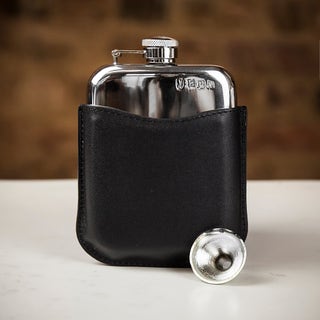 English Pewter Co Pewter Captive Top Hip Flask with Black Leather Sleeve - 6oz