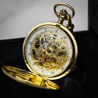 Double Hunter Skeleton Pocket Watch - Mechanical 17 Jewel - Gold