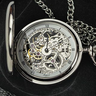 Double Hunter Skeleton Pocket Watch - Mechanical 17 Jewel - Silver