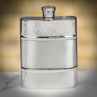 Pewter Plain Satin Band Hip Flask - 6oz 