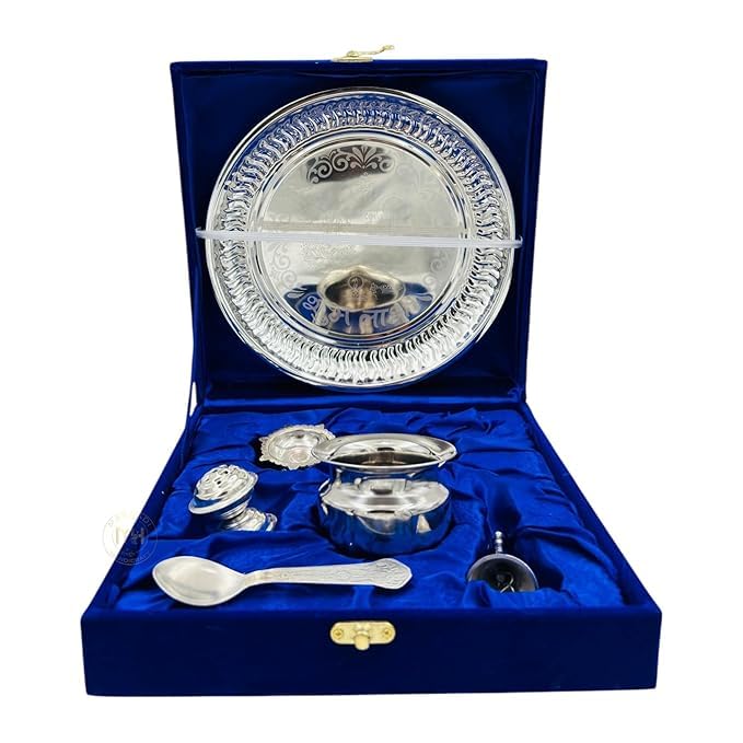 German Silver Plated Pooja Thali Set with Velvet Box, 6 Pieces