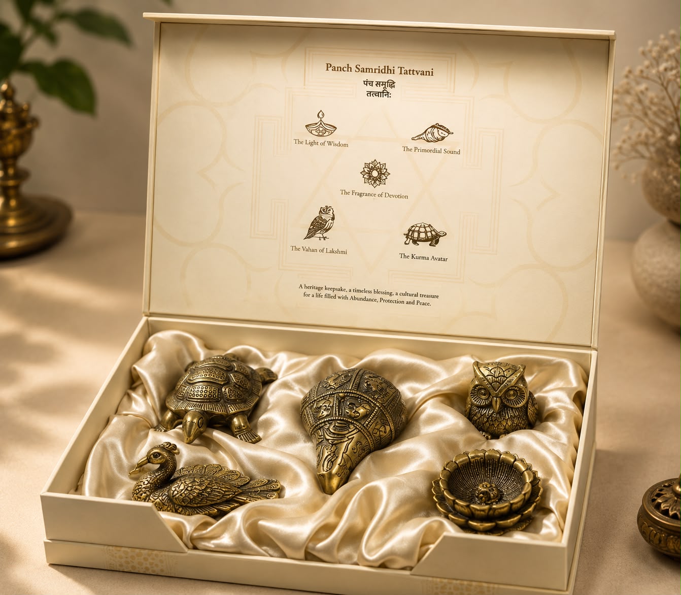 Panch Samridhi Tattvani Box – Tortoise, Shankh, Owl, Diya, Incense Stick Holder
