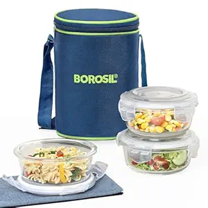 Borosil Blue Glass Lunchbox, Round × 3 (Tall)
